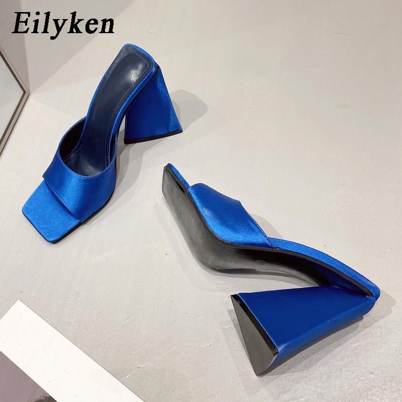 Eilyken 2022 New Arrival Summer Silk Triangle Square Heels heel Slippers Sexy Street Woman Party Square toe Dress Slides shoes