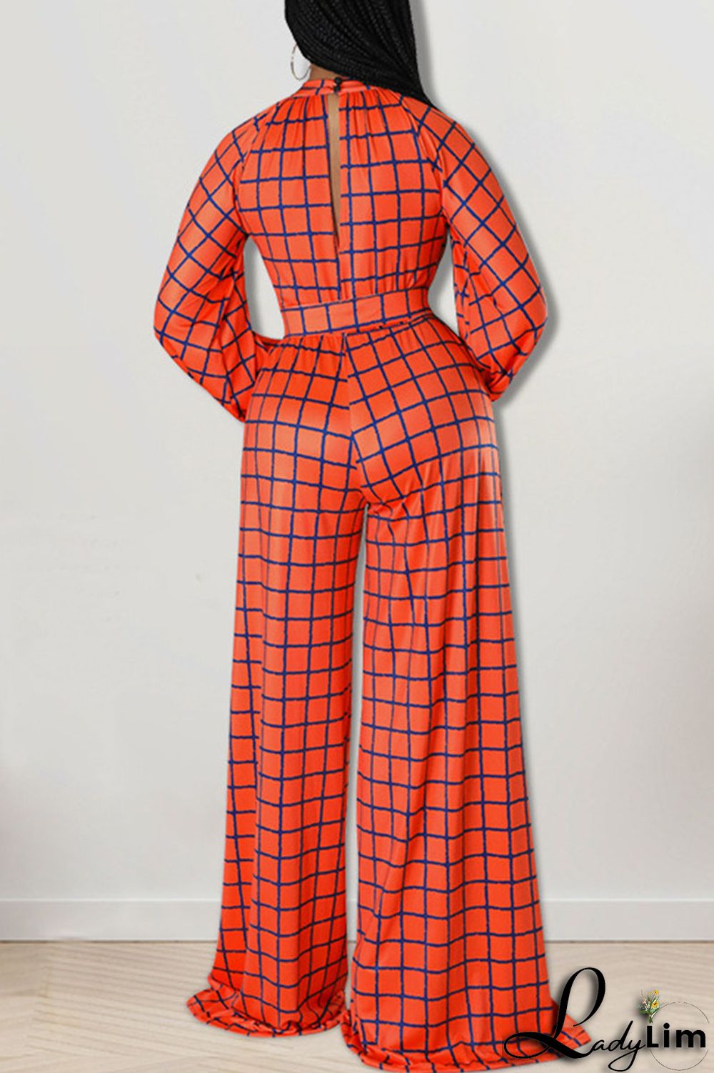 Tangerine Casual Plaid Print Patchwork O Neck Straight Jumpsuits