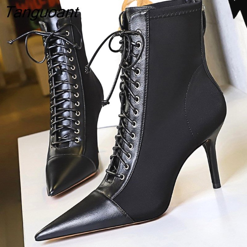 Tanguoant Shoes Cross Straps Sexy Women Boots Pointed Toe Stiletto High-heel Boots 2023 New Women's Ankle Boots Plus Size 42 43