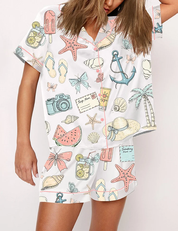 Women’s Coastal Coquette Seashell Summer Vibes Beach Print Short Sleeve Satin Pajama Set