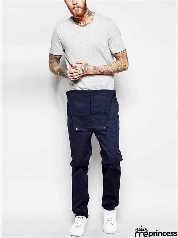 Men's Slim Trendy Solid Color Denim Overalls Jumpsuits
