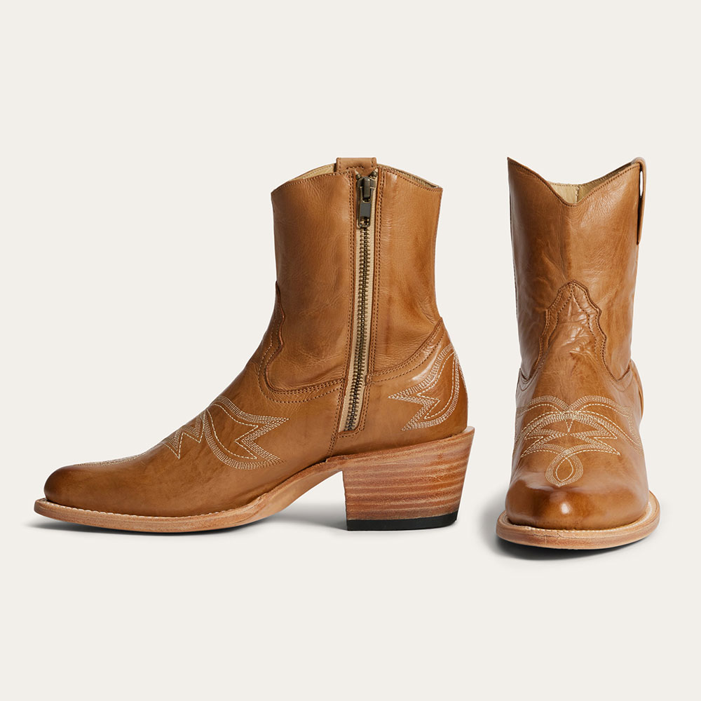 Tan Snip Toe Block Heel Embroidered Ankle Cowboy Boots for Women Nicepairs