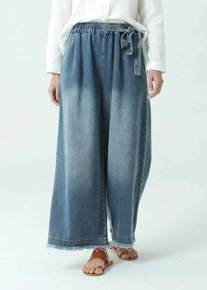 Women Denim Elastic Waist Drawsting Wide Leg Jeans