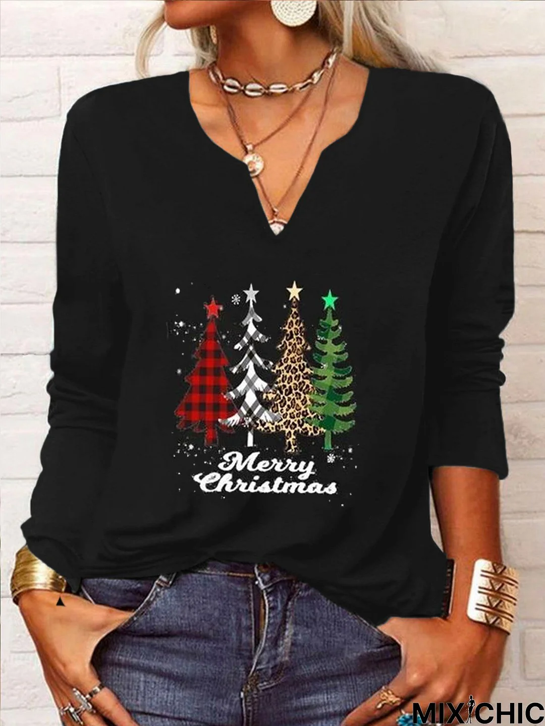 Casual Christmas Trees Long Sleeve V Neck Printed Top T-shirt