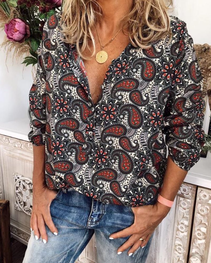 Women's Stand-up Collar Printed Long-sleeved Shirt