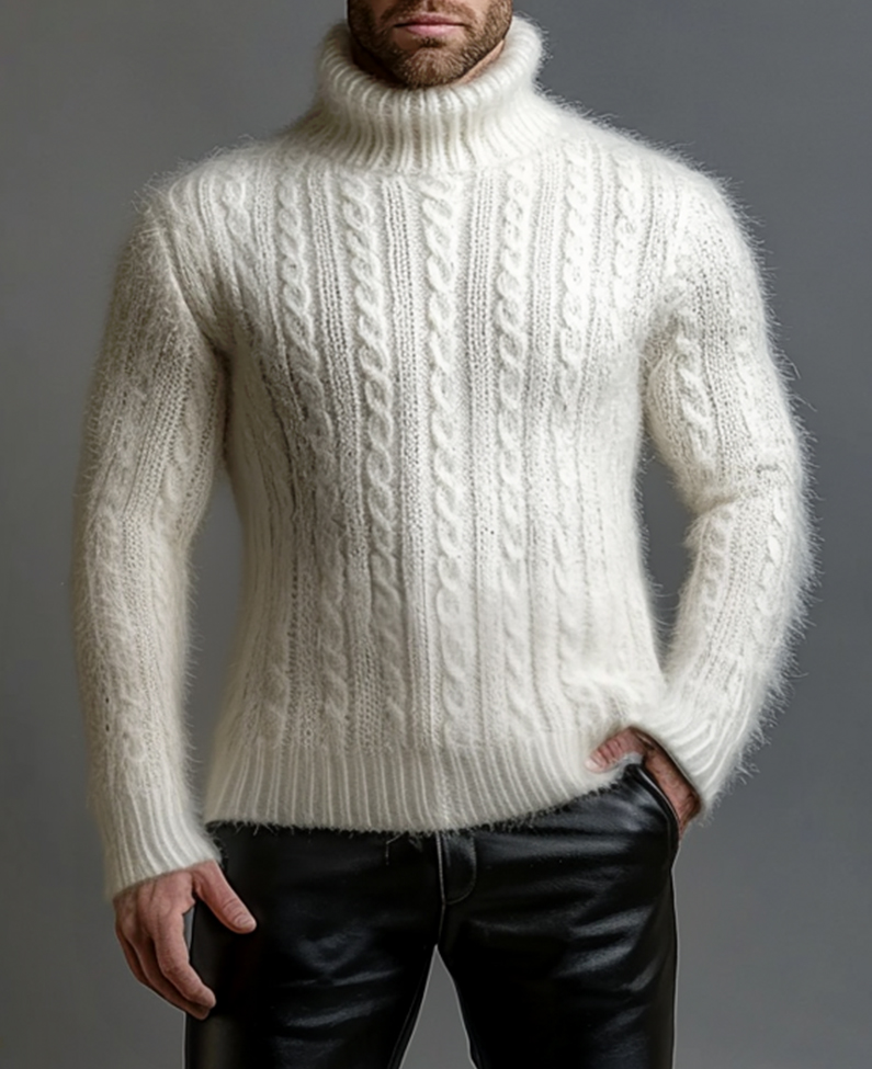 Okaywear Cable Knit Turtleneck Long Sleeve Fluffy Sweater