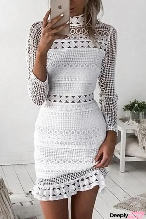 Water-Soluble Crochet Hollow Lace High Neck Dress