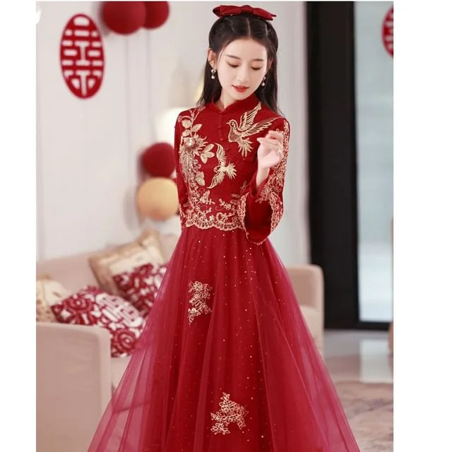 Long Sleeve Dress Wedding Cheongsam Embroidered