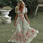 Women's Vintage Pink Rose Embroidered Art Pattern V-neck Short Sleeve Midi Dress - Image 6