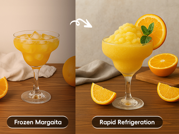 Text reads 'Frozen Margarita' and 'Rapid Refrigeration'. Series of photos showing orange-colored frozen cocktail in stemmed glass with orange slice garnish and mint leaf on wooden surface.