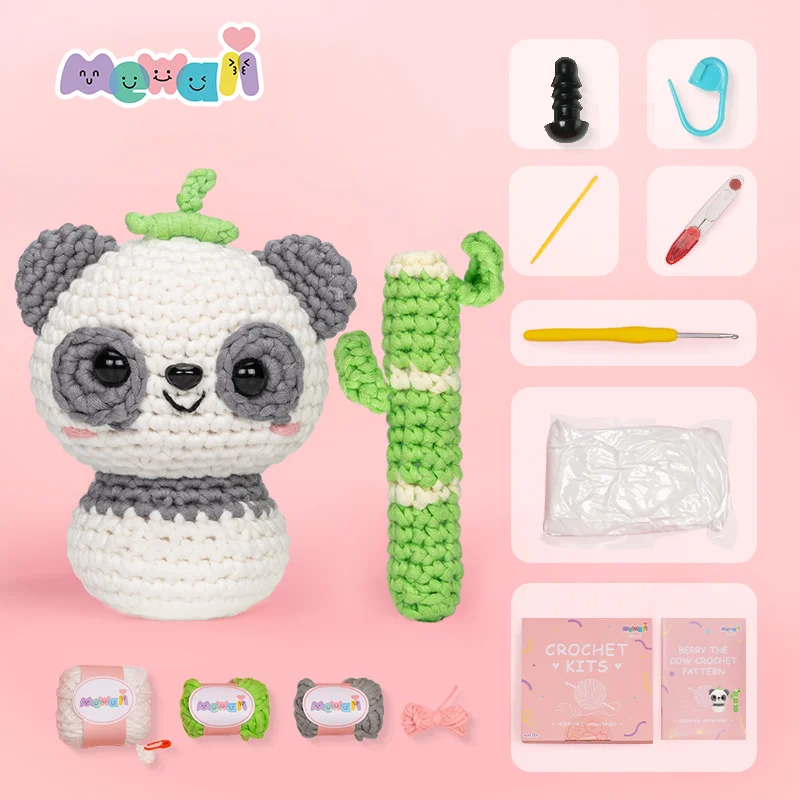Mewaii Crochet Panda Kits For Beginners Designed Crochet Animals Set Complete DIY Knitting Kit with Pre-Started Tape Yarn Step-by-Step Video Tutorials
