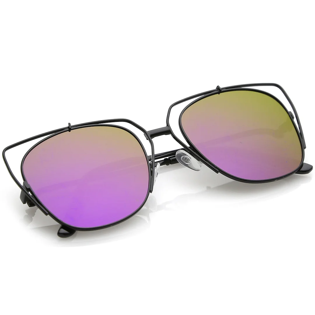 Women's Open Metal Cat Eye glasses With Mirrored Flat Lens And Slim Arms 55mm