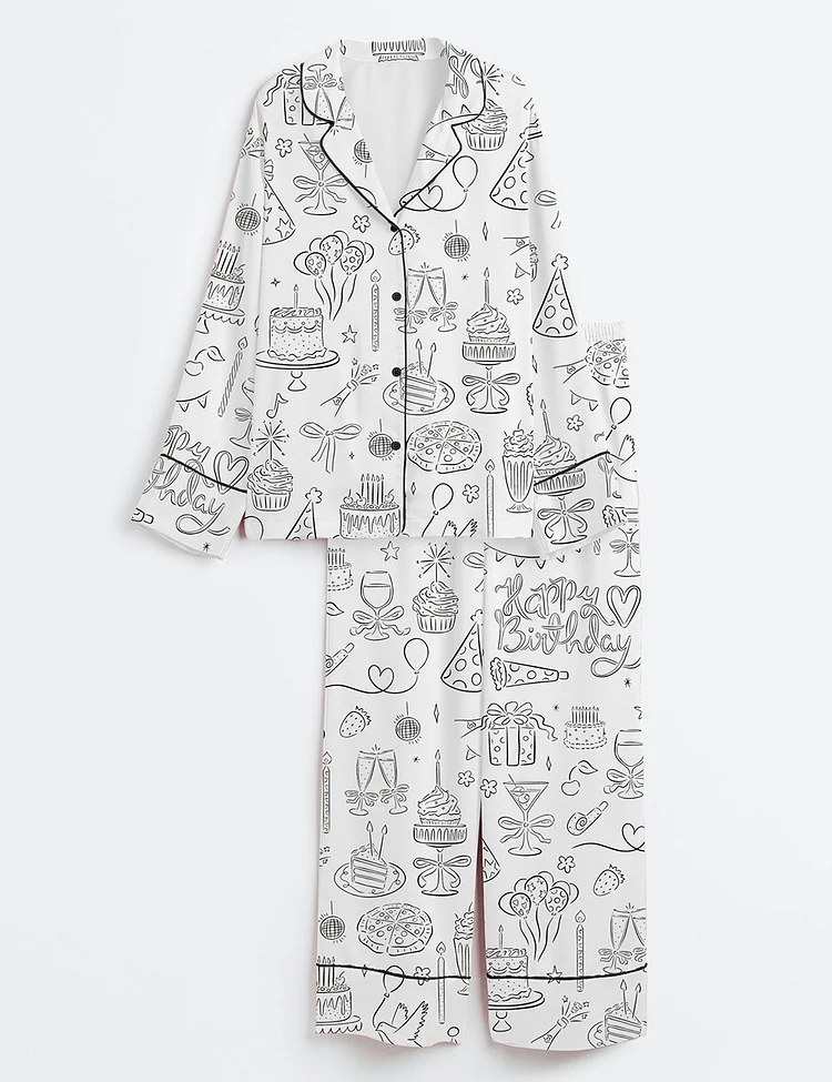Women&rsquo;s Whimsical Birthday Hand Drawn Birthday Illustrations Party Doodles Birthday Celebration Long Sleeve Satin Pajama Set