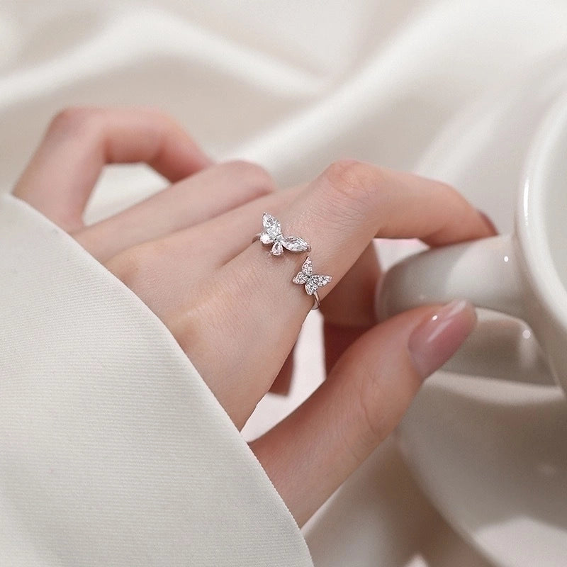 Sweet Shiny Butterfly Stainless Steel Inlay Zircon Open Rings