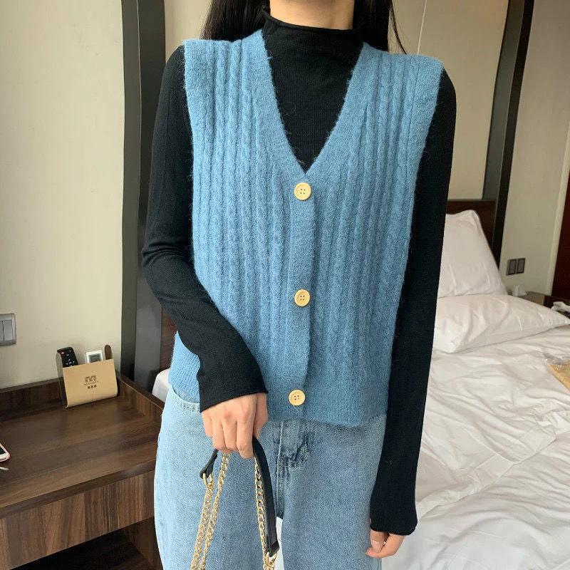 Sweater Vests Women Solid Single Breasted Colorful Sleeveless Knitting Cropped V-neck Korean Style Casual Loose Popular Chic New