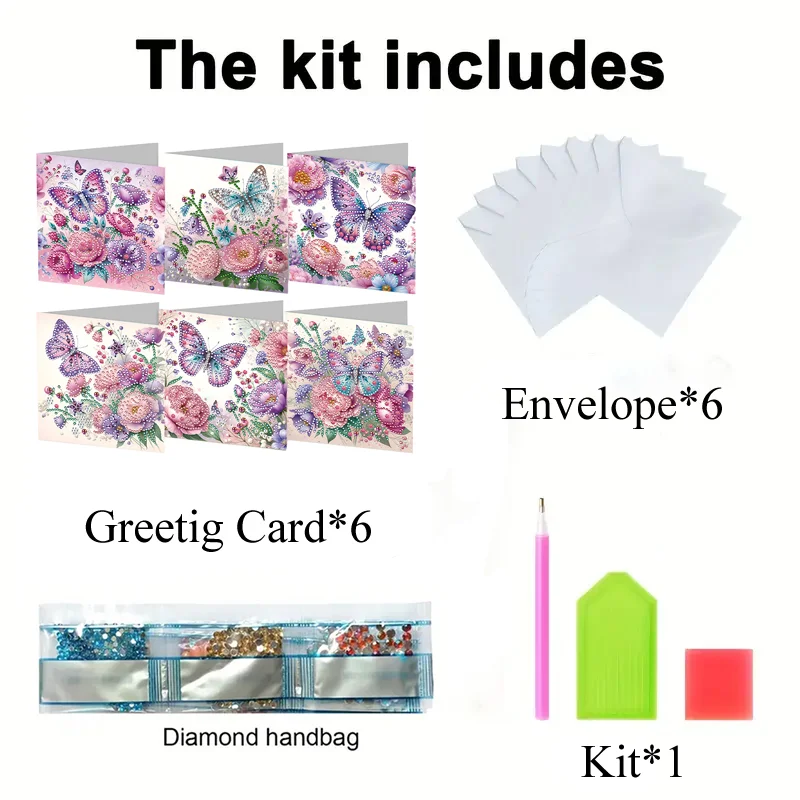 6Pcs Butterfly Rose DIY Diamond Painting Greeting Card 5D Drill Painting Card【With White Envelope】