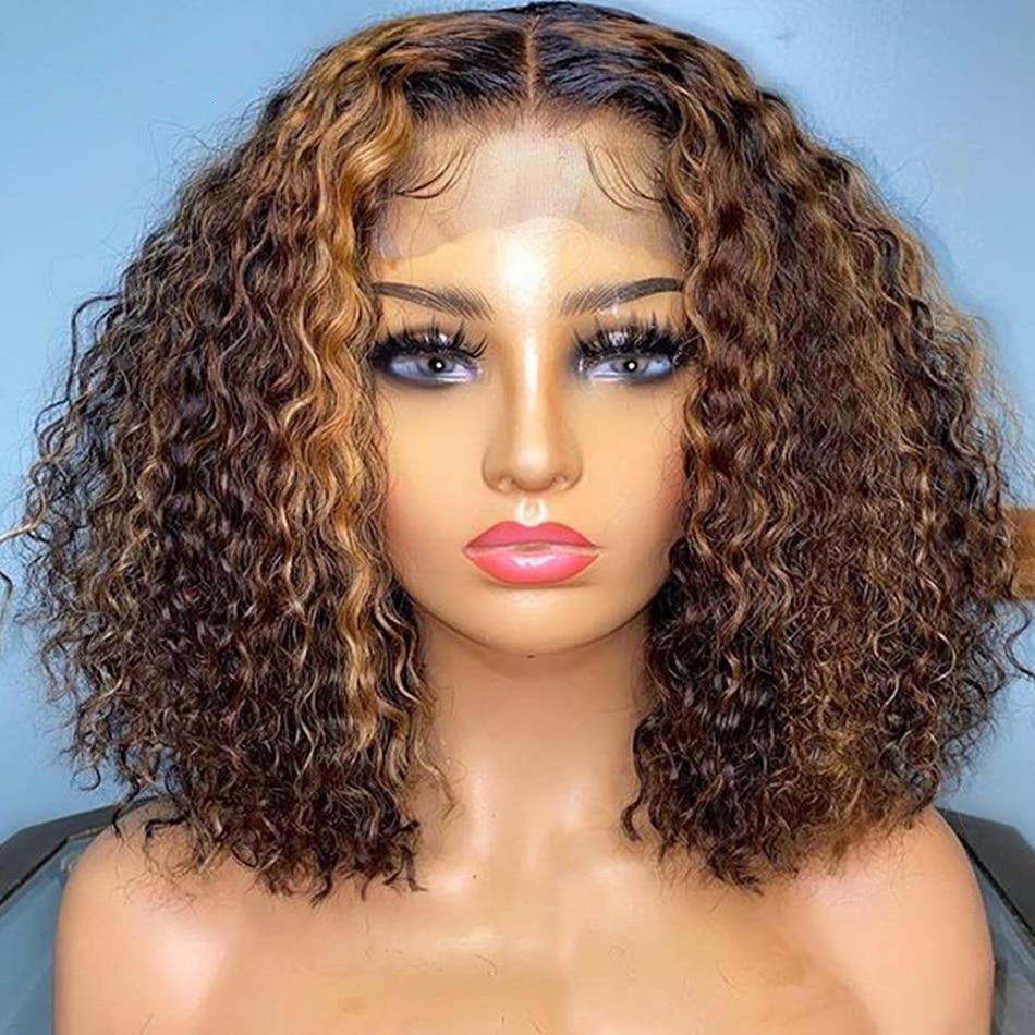 Junoda Hair Blonde Brown Jerry Curly Highlight T Part Lace Wig Peruvian Human Hair Bob Wig 150% Density