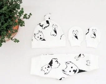 Pornhint West Highland Terrier Print Baby Hat Mittens Leggings Set, Organic Baby Clothes, Dog Themed Baby Shower Gift, Newborn Coming Home Outfit