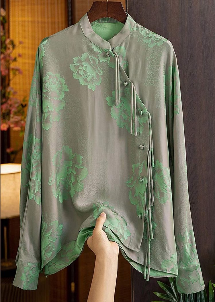 Beautiful Green Mandarin Collar Button Print Silk Shirt Top