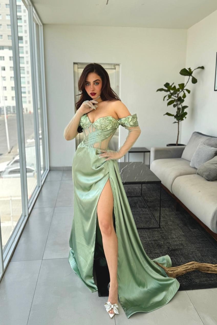 Lussooy Green Satin Beautiful Off the Shoulder Strapless Long Split Prom Dress with Applique 