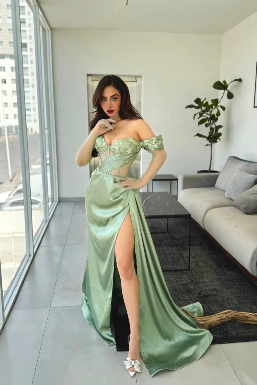 Miabel Beautiful Green Satin Strapless Off the Shoulder Long Split Prom Dress with Applique 