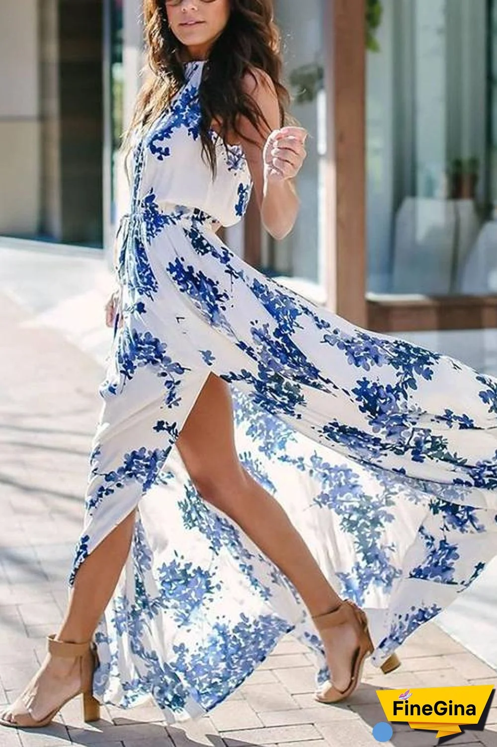 Floral Print Slit Sleeveless Maxi Dress