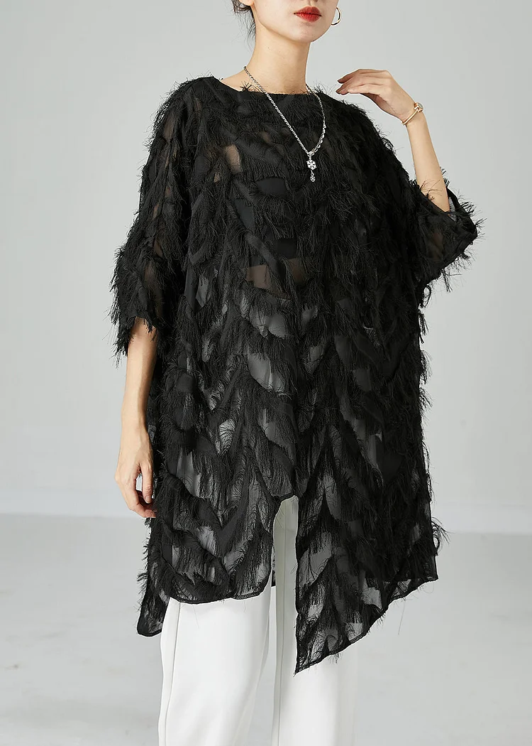 Chic Black Asymmetrical Oversized Fluffy Tulle Long Tops Bracelet Sleeve