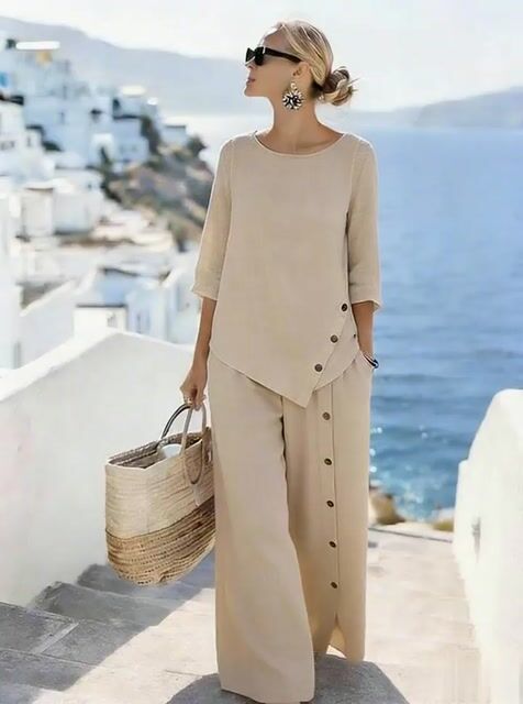 Women'S Casual Solid Color Cotton And Linen Two-Piece Set