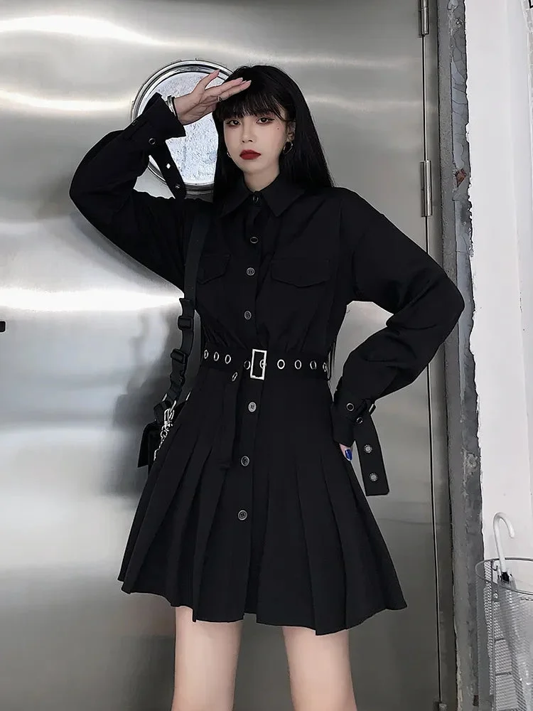 Huiketi Gothic Women Shirt Dress Elegant Belt Black Pleated Mini Dress Spring Sexy High Waist Club Night Party Loose Vestidos 4XL