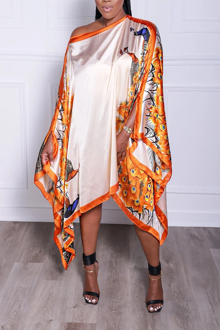 Xpluswear Plus Size Orange Daily Fold Print Dolman Sleeves Satin Midi Dress 