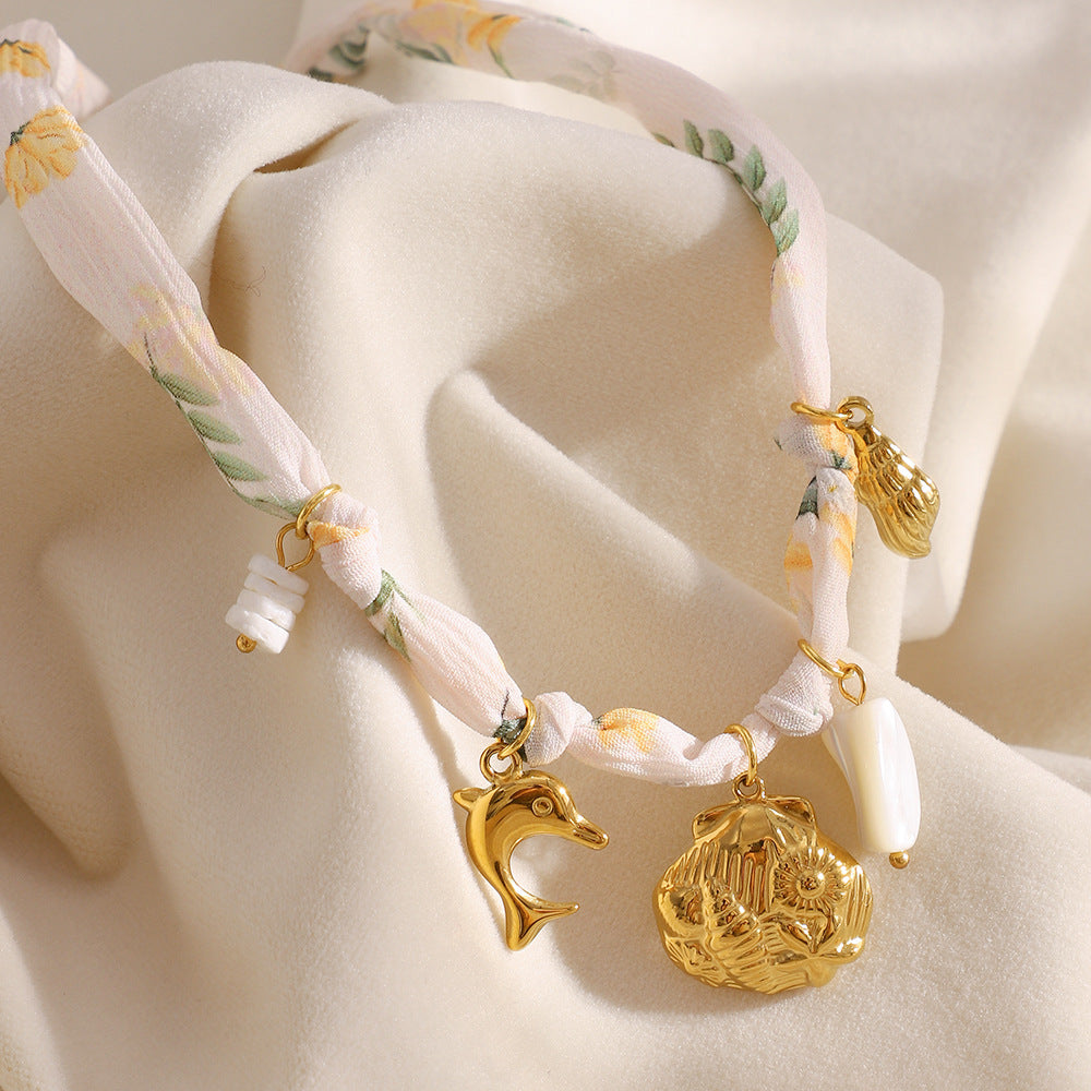 Summer Pendant Stainless Steel 18K Gold Plated Ribbon Pendant Necklace Fossil Shell Necklace Female