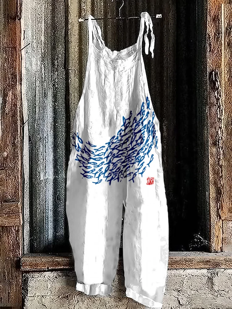 Fish Japanese Lino Art Linen Blend Cozy Jumpsuit