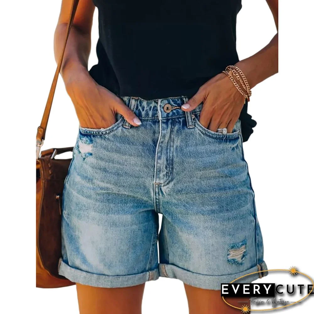 Blue Ripped Rolled Cuffs Denim Shorts