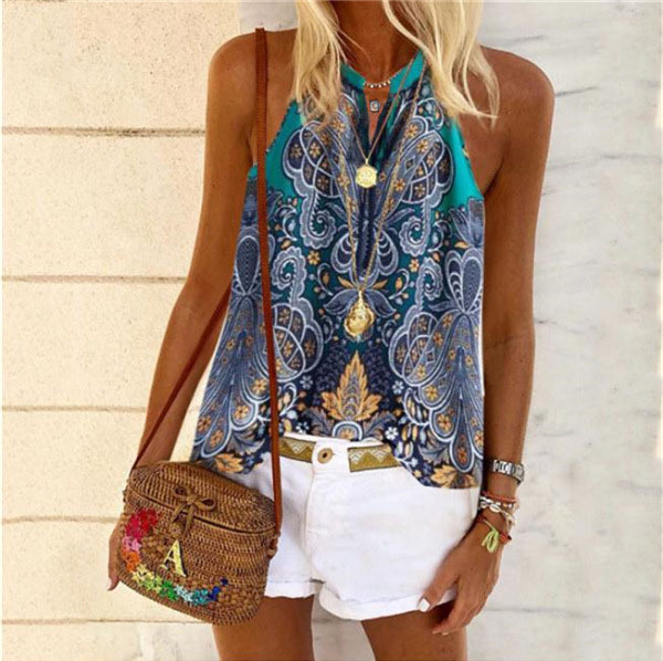 Fashion Print Boho O Neck Sleeveless Casual Loose Blouses