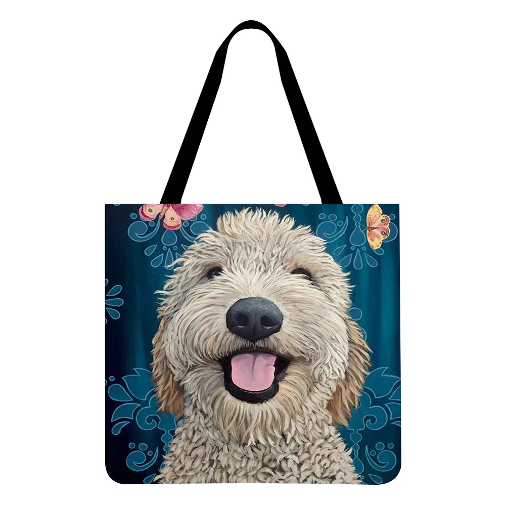 Linen Tote Bag-Dog and butterfly