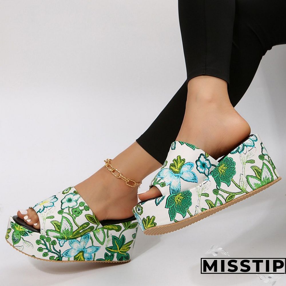 Black Patchwork Printing Round Out Door Wedges Shoes (Heel Height 2.36in)
