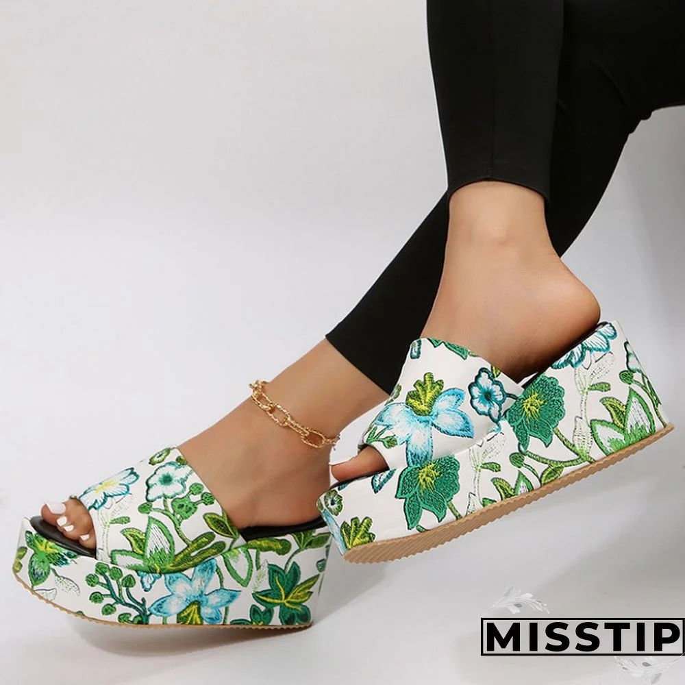 Black Patchwork Printing Round Out Door Wedges Shoes (Heel Height 2.36in)