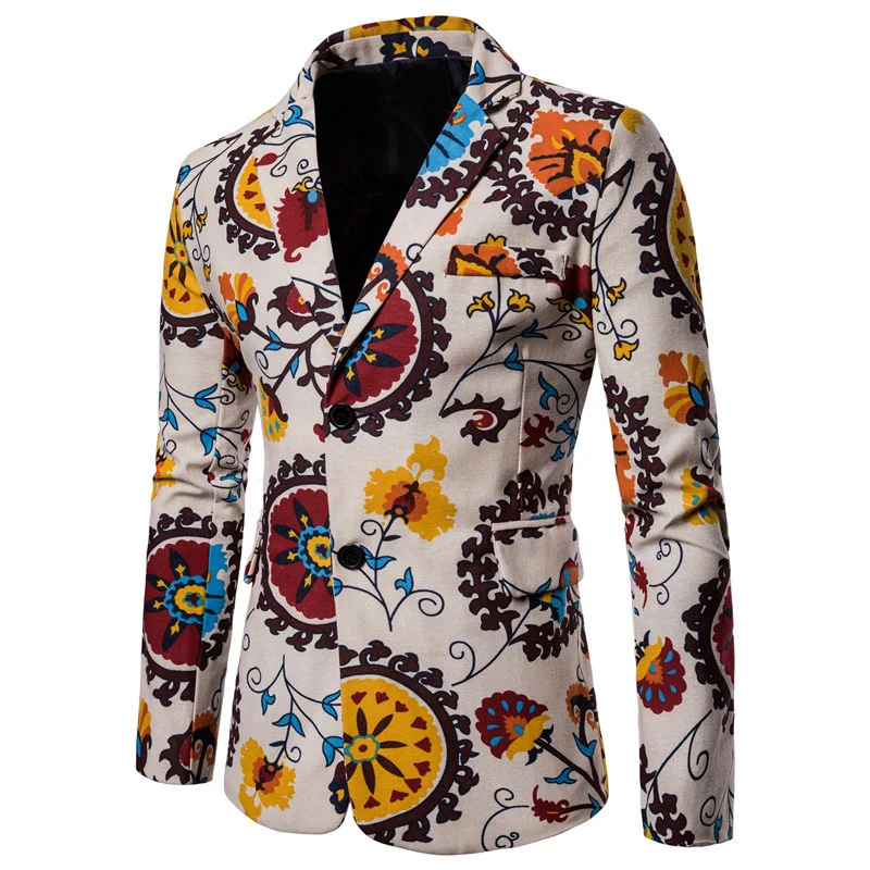 Men's Casual Lining Collar Printed Long-sleeved Suit