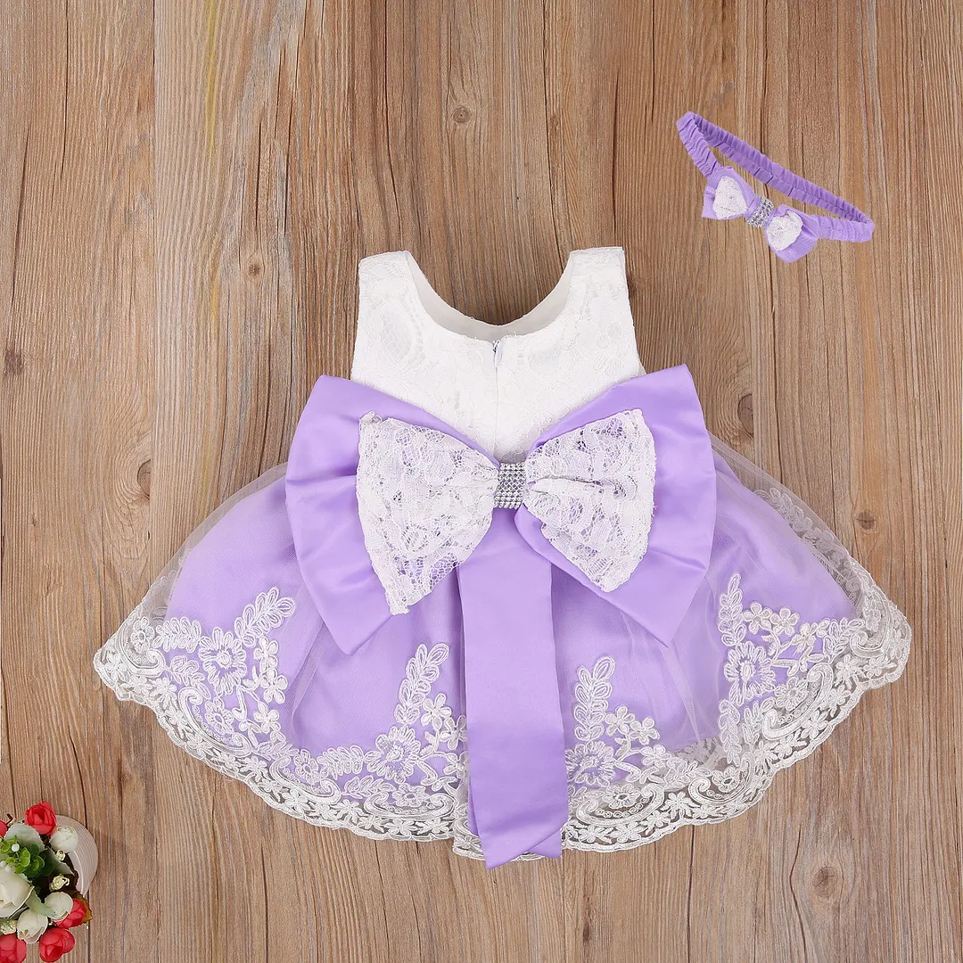 Baby Summer Clothing New Baby Princess Girls Dress Christening Lace Wedding Party Kids Formal Clothes+ Headband 0-24M