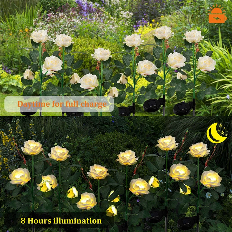 2 Packs Solar Rose Flower Stake Lights With 6 Rose Flowers