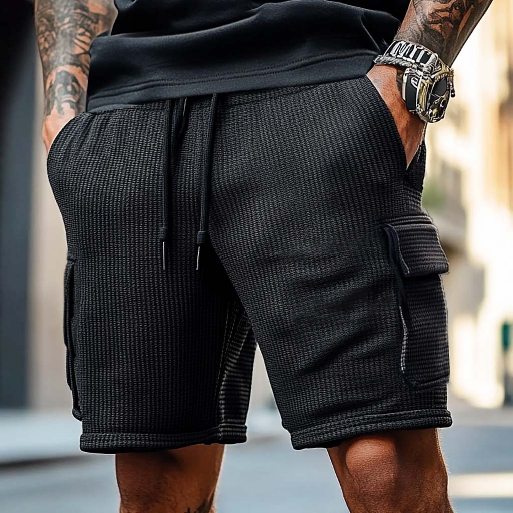 Men's Vintage Waffle Knit Multi-Pocket Casual Surf Elastic Drawstring Cargo Shorts