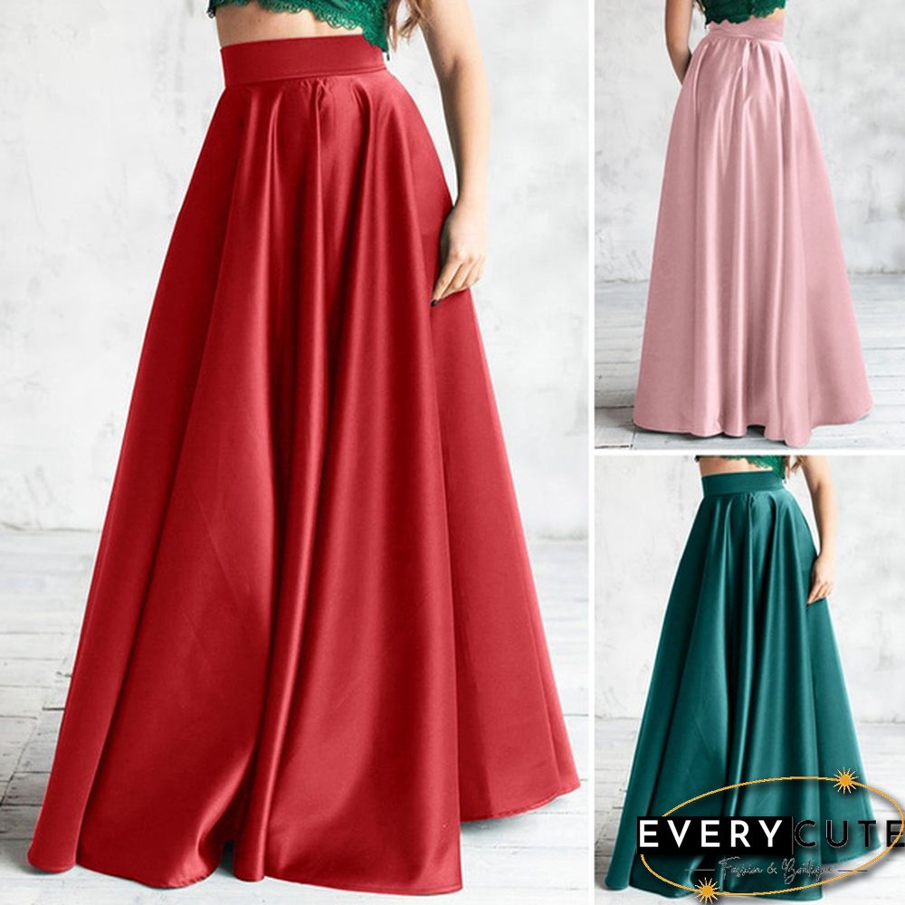 Ladies Fashion High Waist Satin Skirt Evening Party A-Line Skirt Casual Loose Summer Dress
