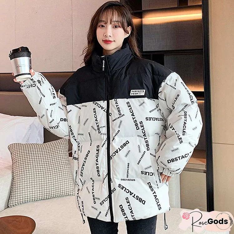 Fashion Winter Warm Printed Letter Parkas Thick Women Patchwork Long Sleeves Jacket Elegant Lady Outwear Loose Casual Coats