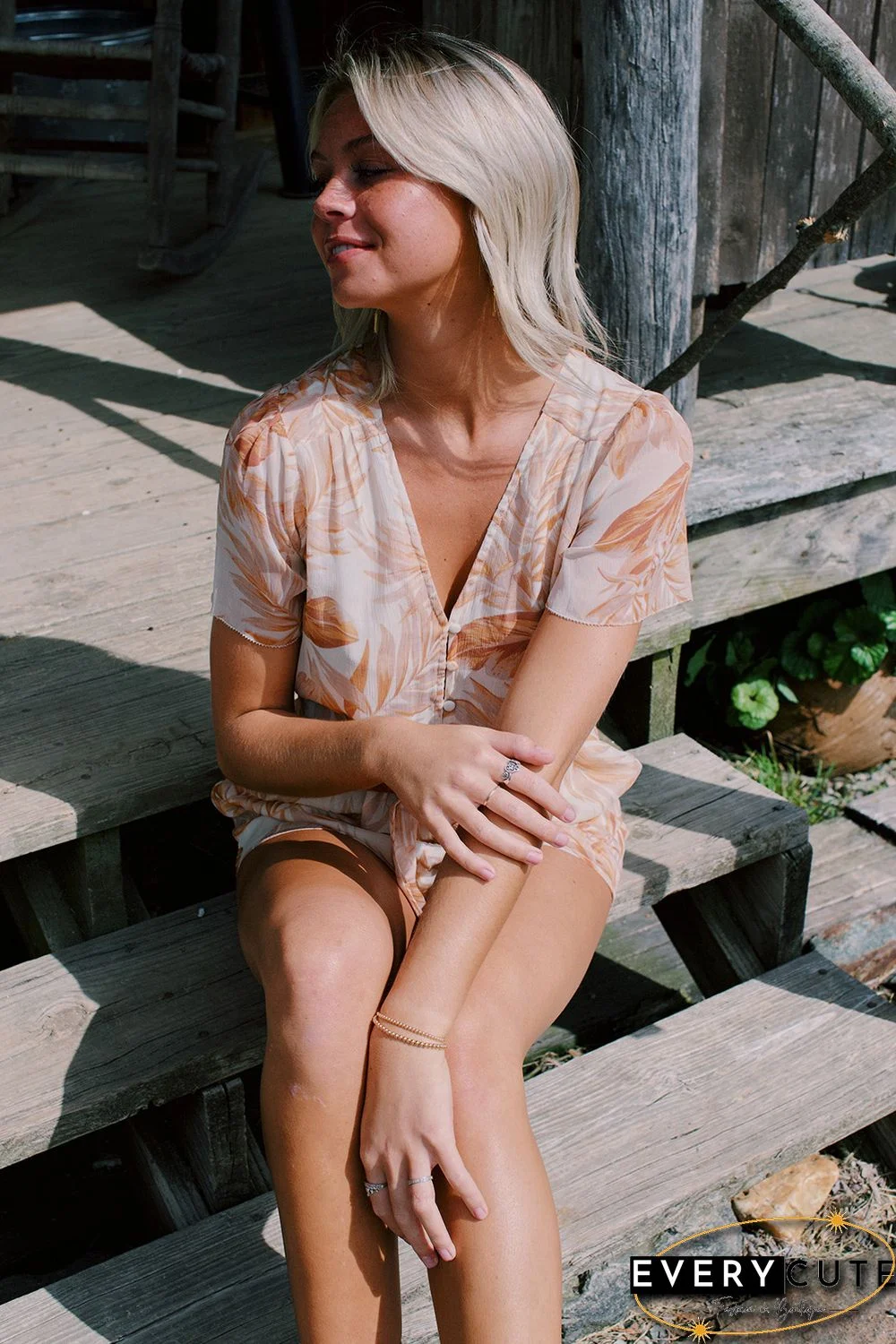 Khaki Tropical Leaf Print Button Belted Chiffon Romper