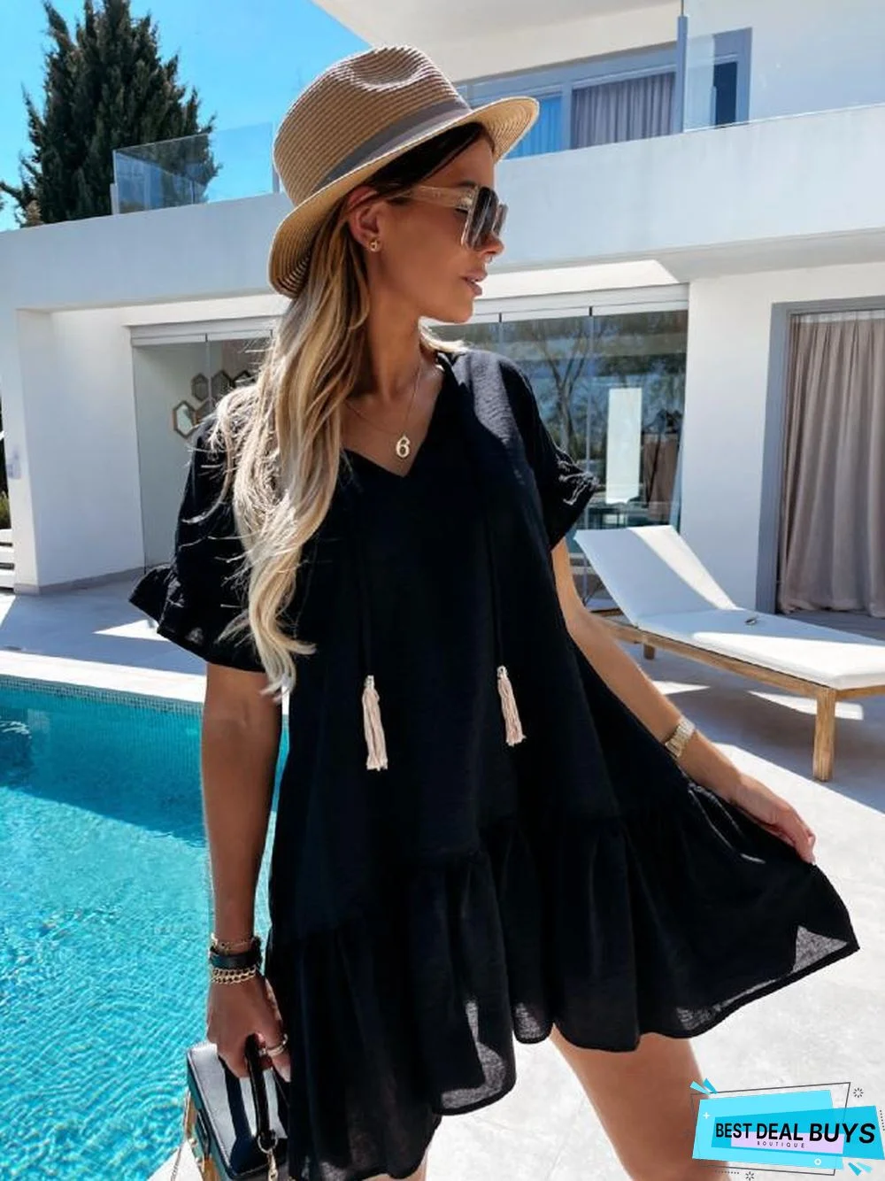 Large New V-Neck Short Sleeve Suspended Beard Pleated Dress