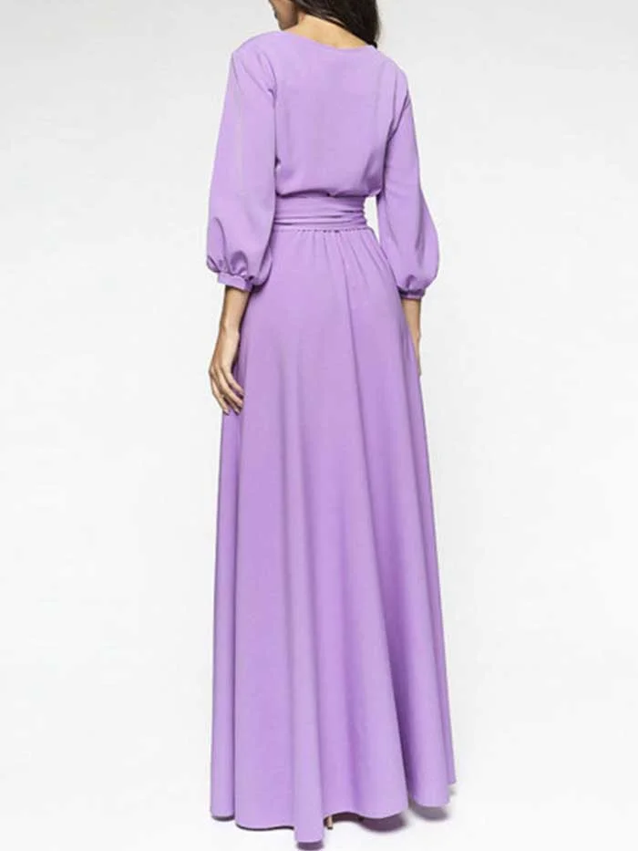 Summer new style women's round neck belt lantern sleeve long dress dress