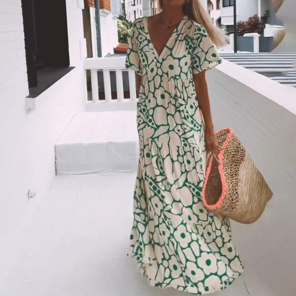 Green Short Sleeve Print Maxi Dress