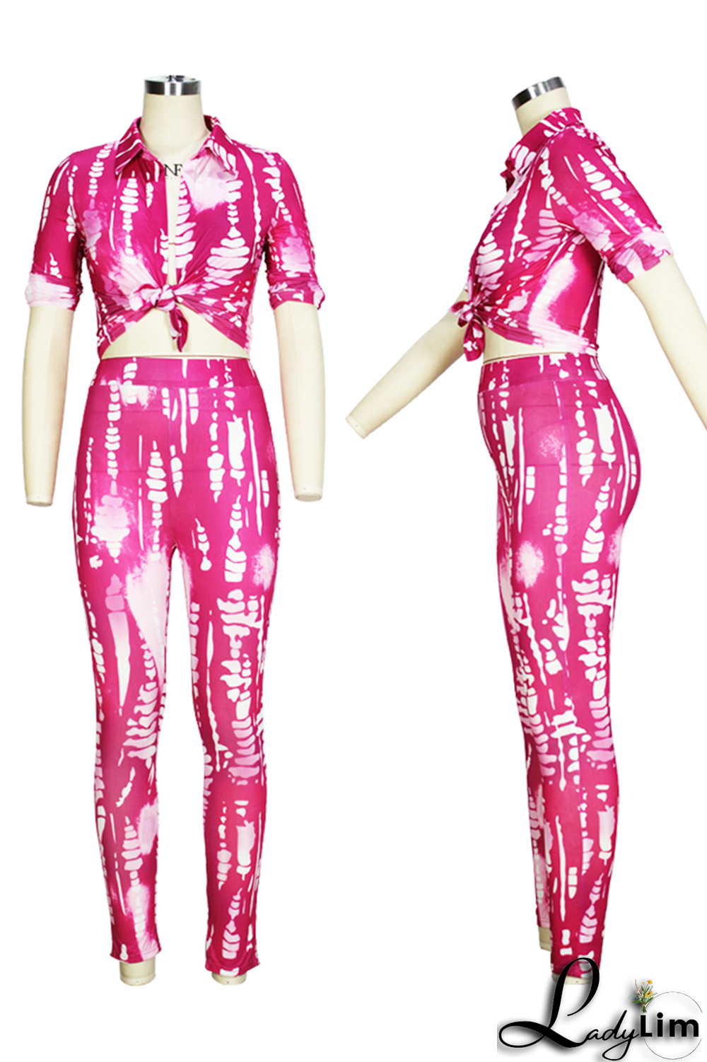 Yellow Sexy Patchwork Tie-dye Turndown Collar Long Sleeve Two Pieces