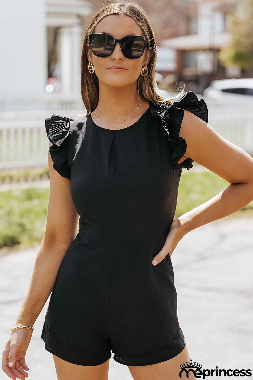 Black Ruffle Sleeves Solid Romper