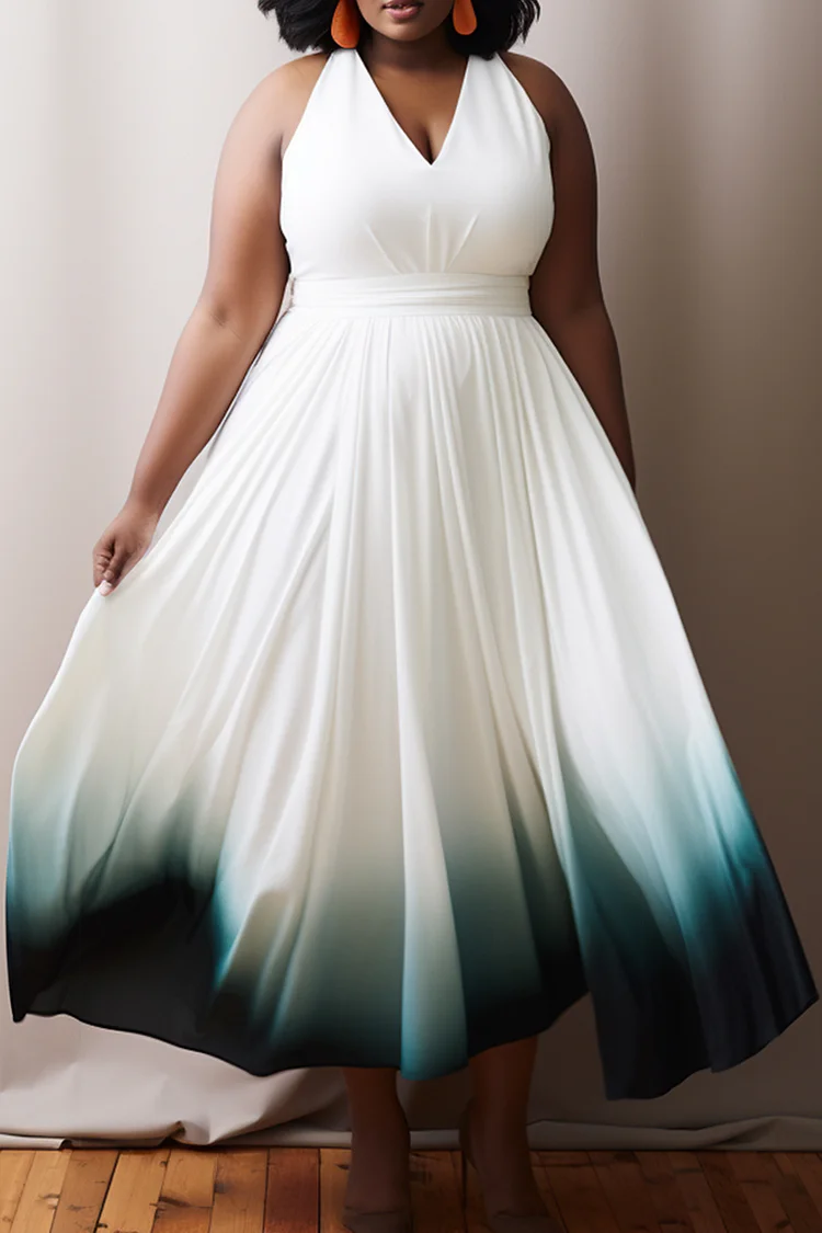 Xpluswear Design Plus Size Semi Formal White Gradient V Neck Midi Dresses
